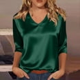 thumbnail image 2 of WULMLEO Women's Satin V-Neck 3/4 Sleeve Blouse Silky Casual Tops for Summer Night Out Dark Green 2XL, 2 of 6