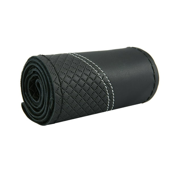 Funda genérica para volante de coche, de cuero negro, resistente al desgaste y cosida a mano. Linea blanca