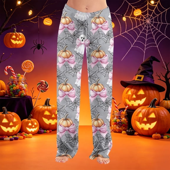 Watercolor Spiderweb Halloween Pajama Pants for Women, Fuzzy Lounge Bottoms with Pumpkin & Ghost Print, Soft Elastic Waist Flannel Sleep Trousers, 1 Pair Black L