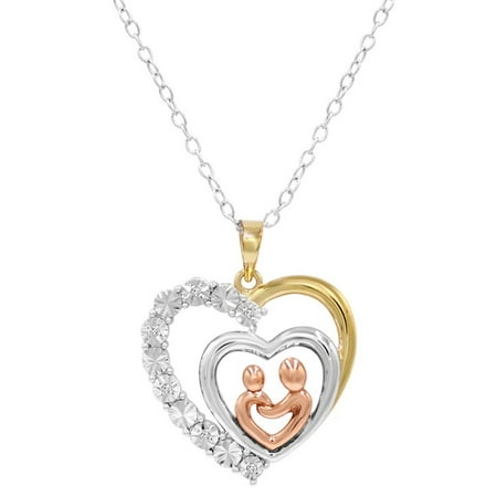 Amanda Rose Tri Colored Sterling Silver Mother and Child Diamond Heart Necklace