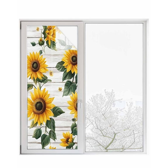 Window Privacy Film Yellow Sunflowers Stained Glass Window Film Decorative Sun Block Window Cover Country Botanical Floral Wooden Grain Window Clings Static Adhesive Sticker for Bathroom 23.6"x59"