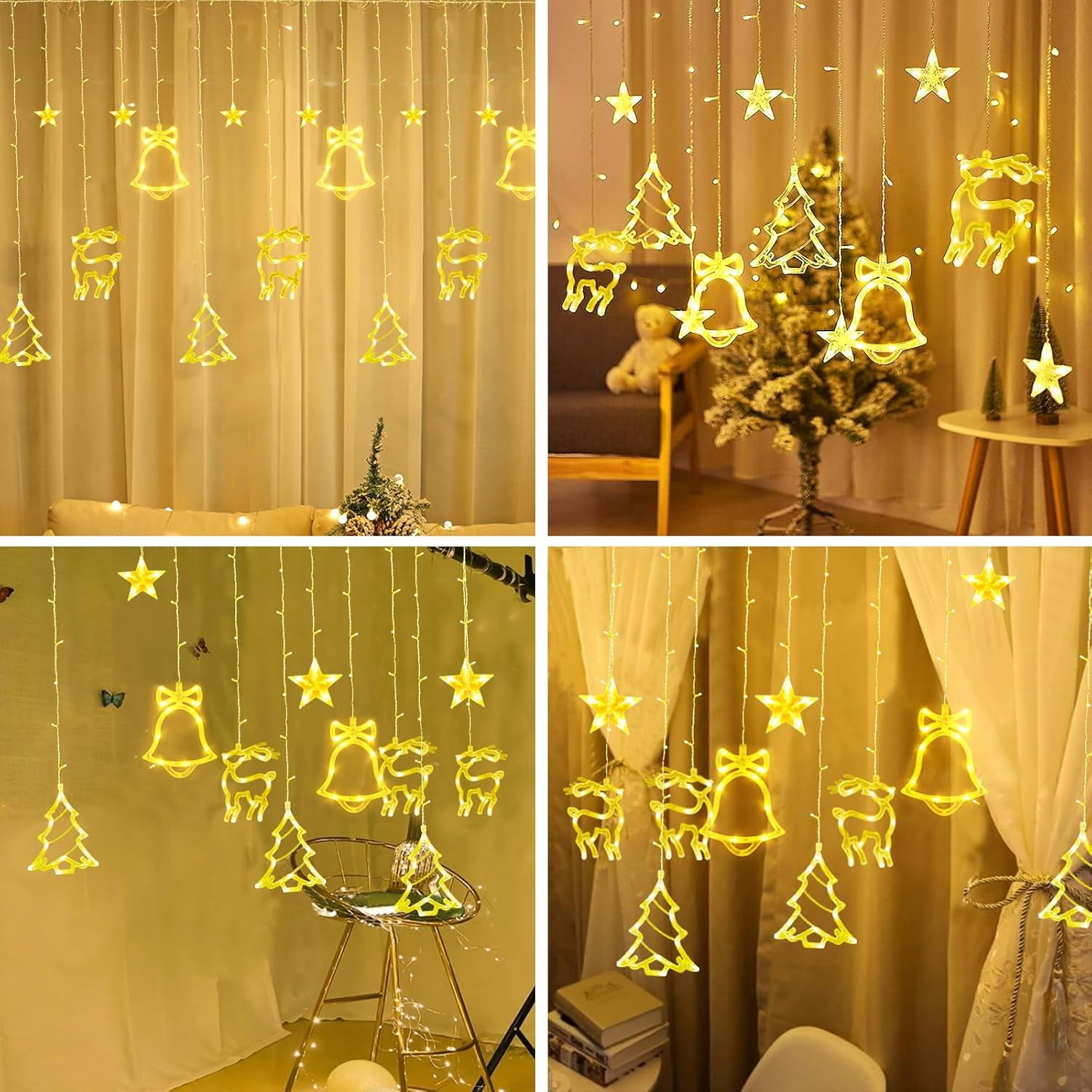 Qoosea 120 LEDs Christmas Curtain Lights Strings, 11.8ft Christmas Reindeer Decor Xmas Tree Star Christmas Window Lights with 8 Modes for Window Wall Diwali Light Decorations