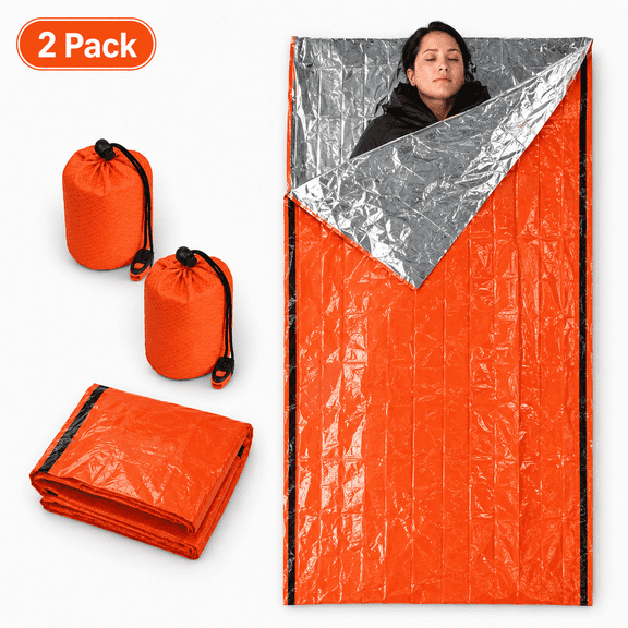 KOYMISKU Emergency Sleeping Bag, 2 Pack Thermal Survival Bivy Sack with Whistle Buckle, Waterproof Windproof Portable Emergency Blanket for Camping Hiking Backpacking
