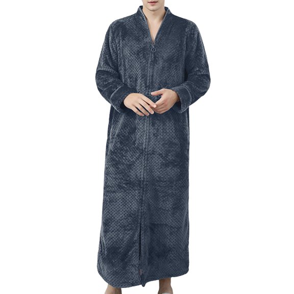 VNKIDY Men's Pajama Autumn Winter Solid Color Plush Robe Thermal Thicken Long Sleeve Full Length Zipper Nightrobe For Home Relaxing Casual Homewear