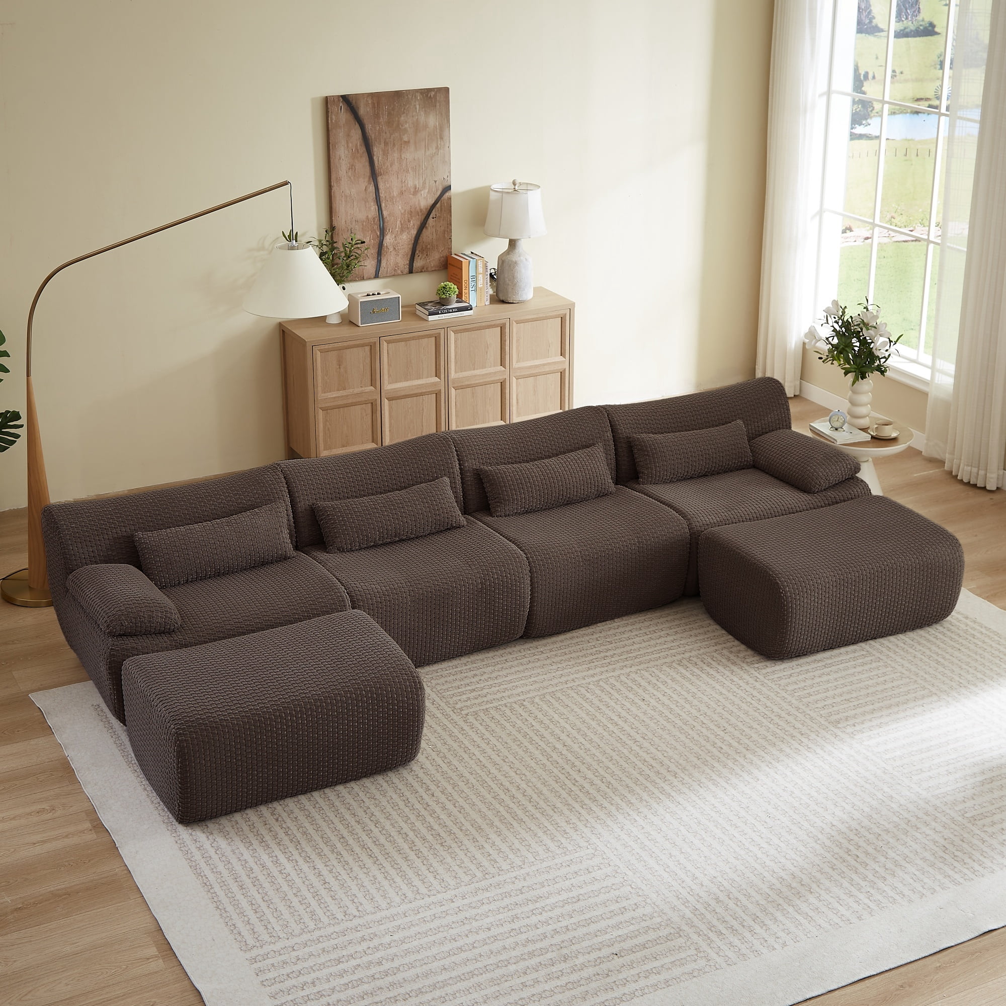 Modern U-Shaped No Assembly Floor 4-Seater Sectional Sofa, Cloud-Like Boneless Upholstered Couch with 2 Ottomans, Living Room Modular Sofa Set