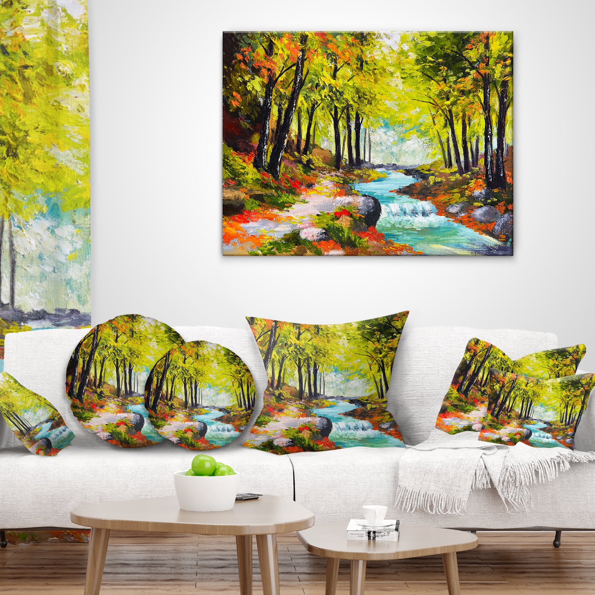 Designart River in Green Autumn Forest - Landscape Painting Throw Pillow - 16x16