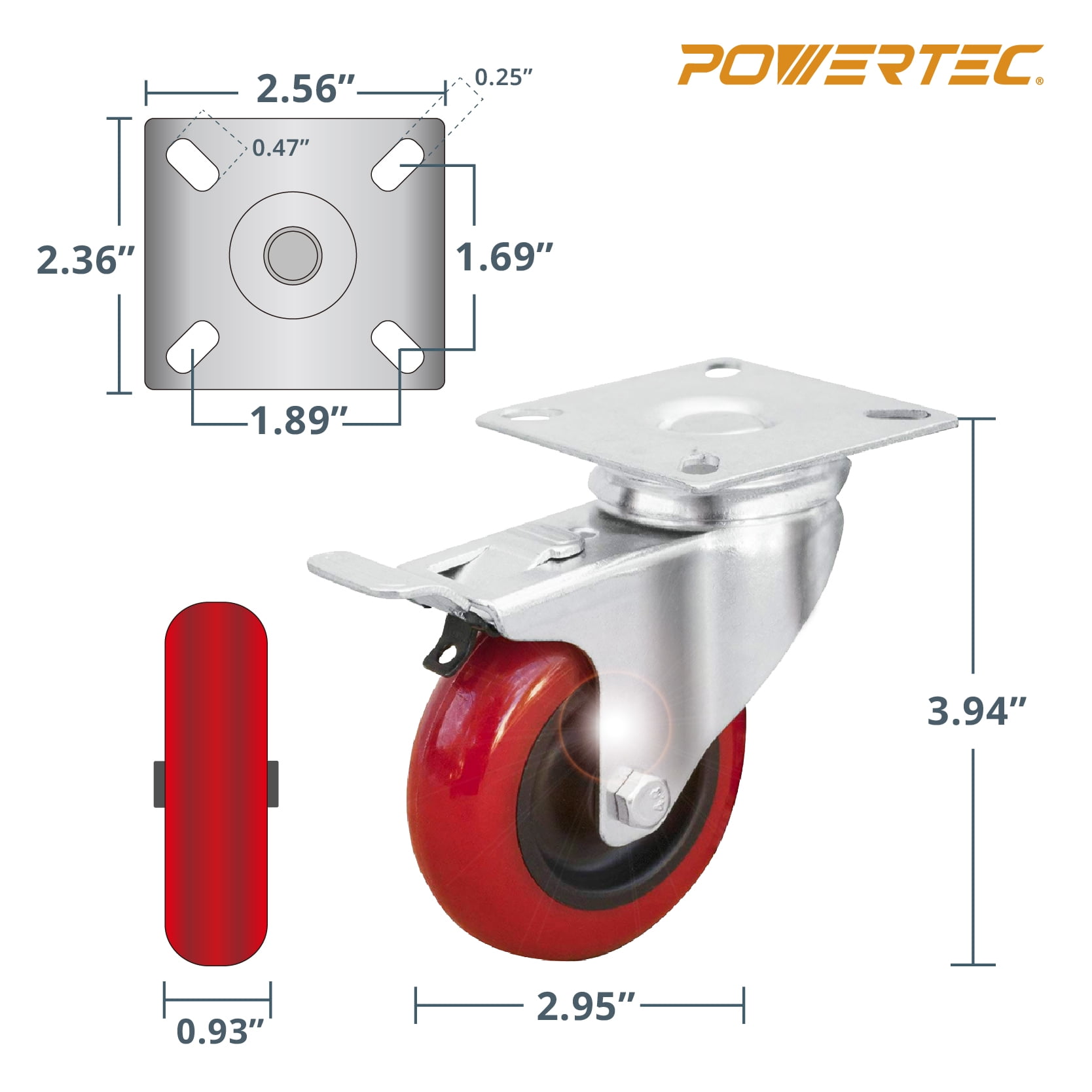 POWERTEC 4PK 3-Inch Swivel Caster Wheels with Brake & 640 lbs Loads, Heavy Duty Plate Casters, Dual Locking PU Castor Wheels for Furniture, Cart, Dolly and Workbench (17205)