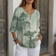 thumbnail image 3 of Xoenoiee Green Pine Tree Print Womens 3/4 Sleeve Tops Cotton Linen Shirts V Neck Lace Casual Loose Fit Blouses Button Down Boho Tees, M, 3 of 7