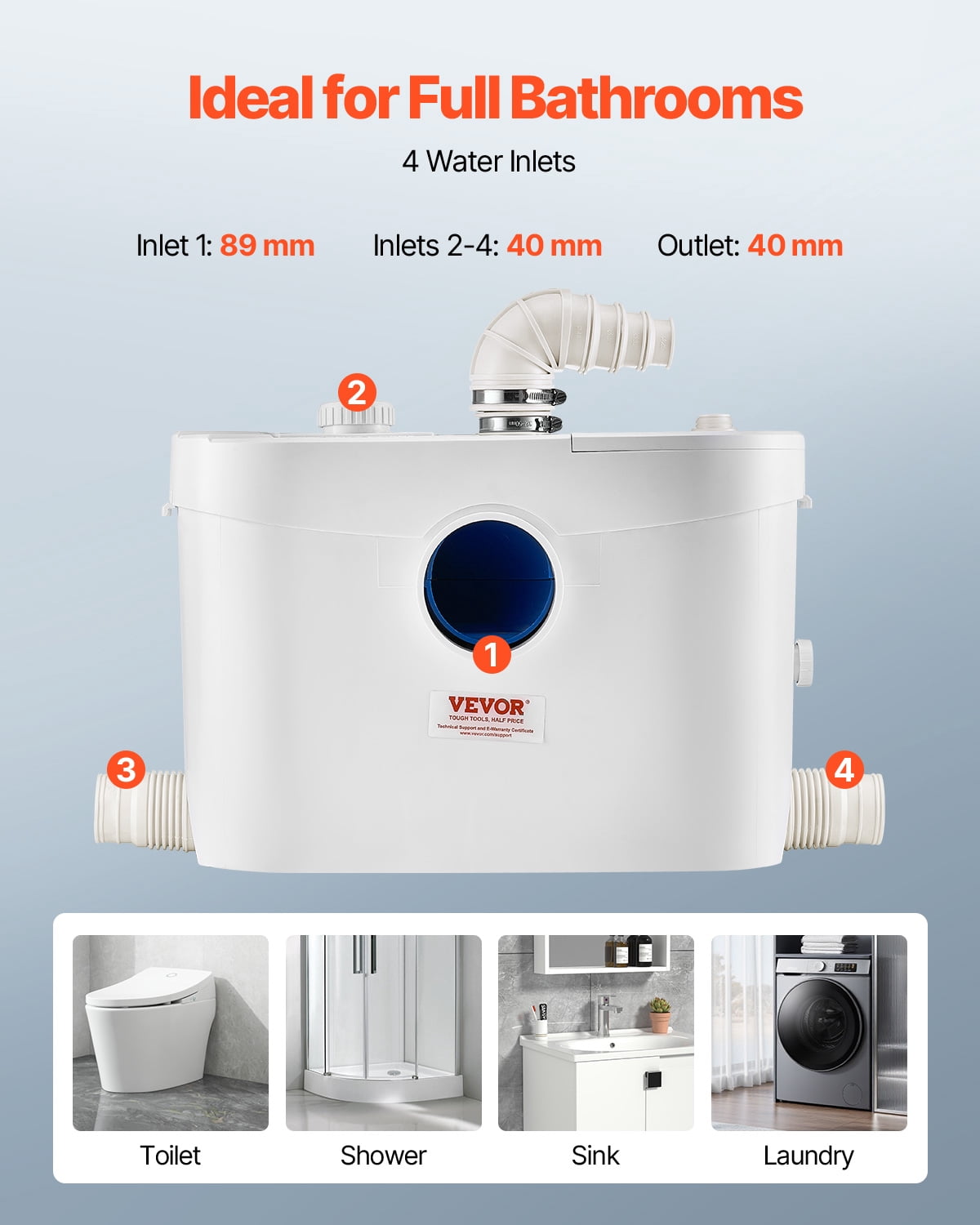 VEVOR Macerator Pump, 900W,48 GPM Flow, 40 ft/12 m Head, Macerator Sewerage Toilet Pump with 4 Water Inlets, Waste Water Disposal Upflush Machine for Toilet,Basement, Shower, Sink, Laundry, Bathtub
