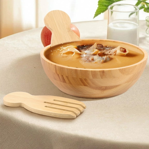 Ikoopy Wood Salad Bowl Bamboo Salad Mixing Bowl with 2 Mixing Forks Easy to Clean Wood Serving Container for Fruits Desserts
