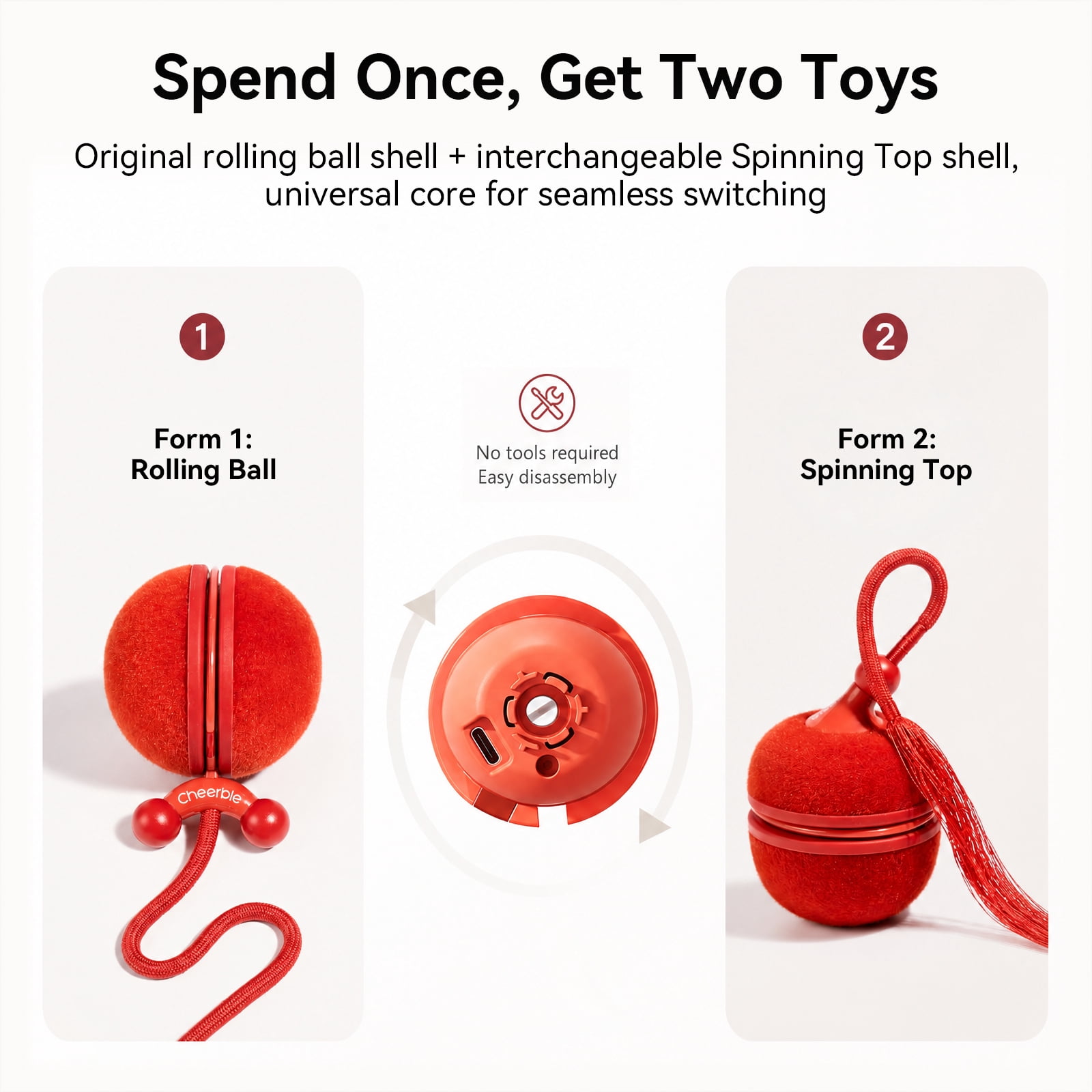 Cheerble Wicked Ball Duo2 Automatic Interactive Cat Toy with Tail & LED Light, Vintage Red