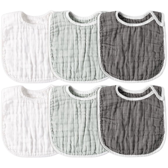 6Pcs Snap Muslin Cotton Baby Bibs White Grey Infants Drooling Bib Soft & Absorbent Adjustable Unisex Burp Cloths Feeding Cloth for Toddlers Girls Boys Newborns Eating Teething 0 to 24 Months
