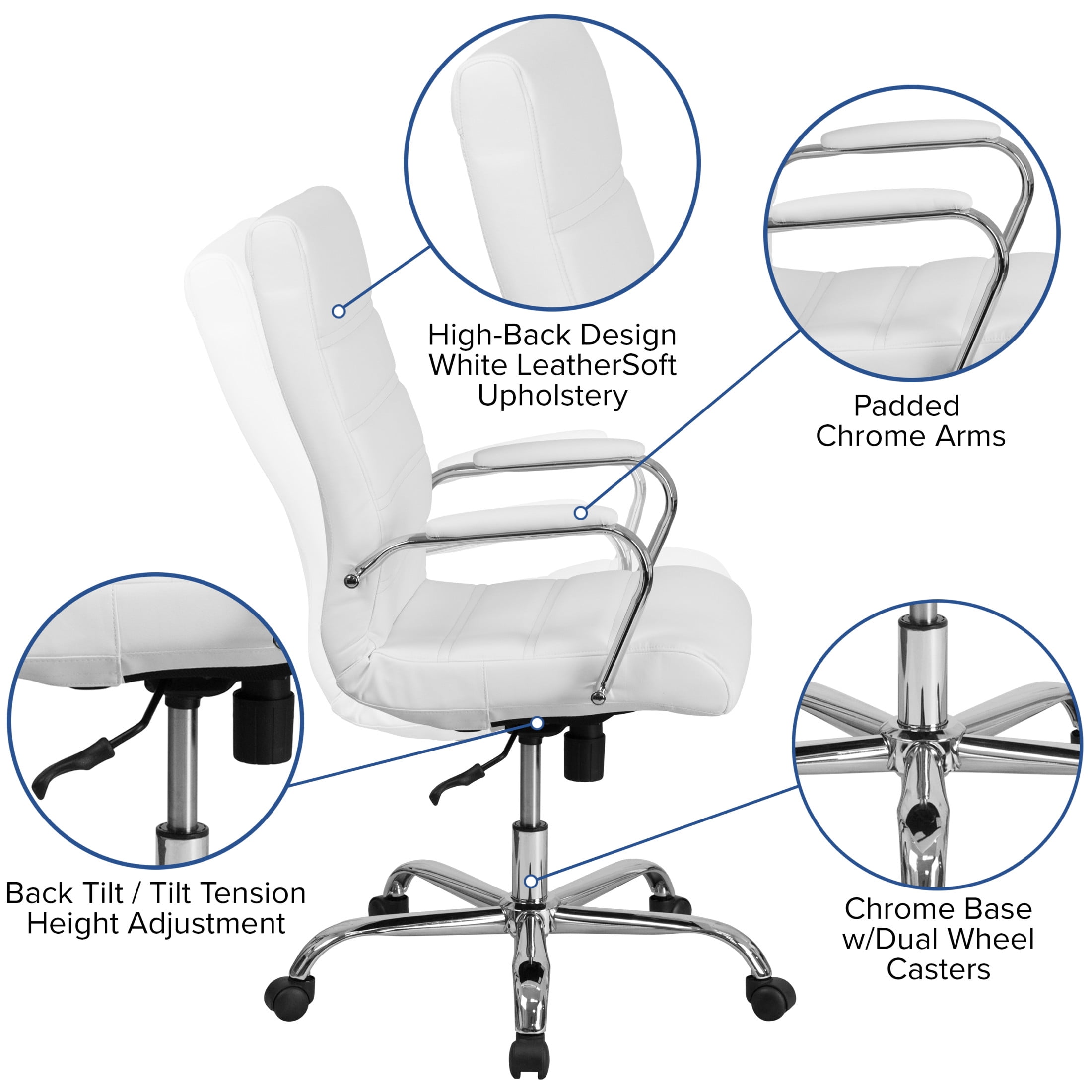 Emma + Oliver High Back White LeatherSoft Executive Swivel Office Chair with Chrome Frame/Arms
