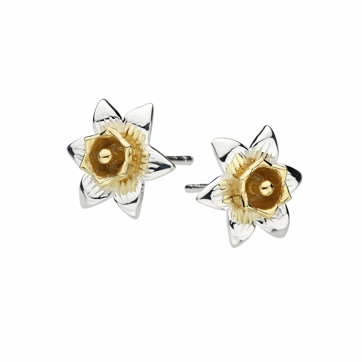Daffodil Stud Earrings Sterling Silver 925 Hallmarked Gold Detail Studs