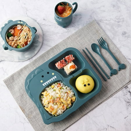 

TEANOON 4Pcs/Set Wheat Stalk Kids Dinnerware Set - Children Dishes - Food Plate Spoon Fork Set Dishware Cartoon Dinosaur Tableware