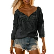 Summer Tops for Women Lace Patchwork 3/4 Sleeved V-Neck T Shirts Basic Casual Loose Fit Going Out Workout Blouses Outfits