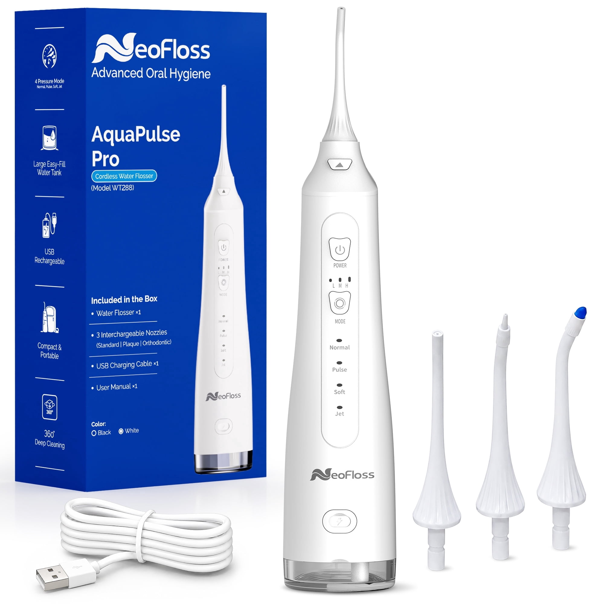 NeoFloss AquaPulse Pro Cordless Water Flosser — 4 Cleaning Modes, 3 Pressure Settings, IPX7 Waterproof, 200ml Tank, Rechargeable, Ideal for Braces, Bridges & Implants, White