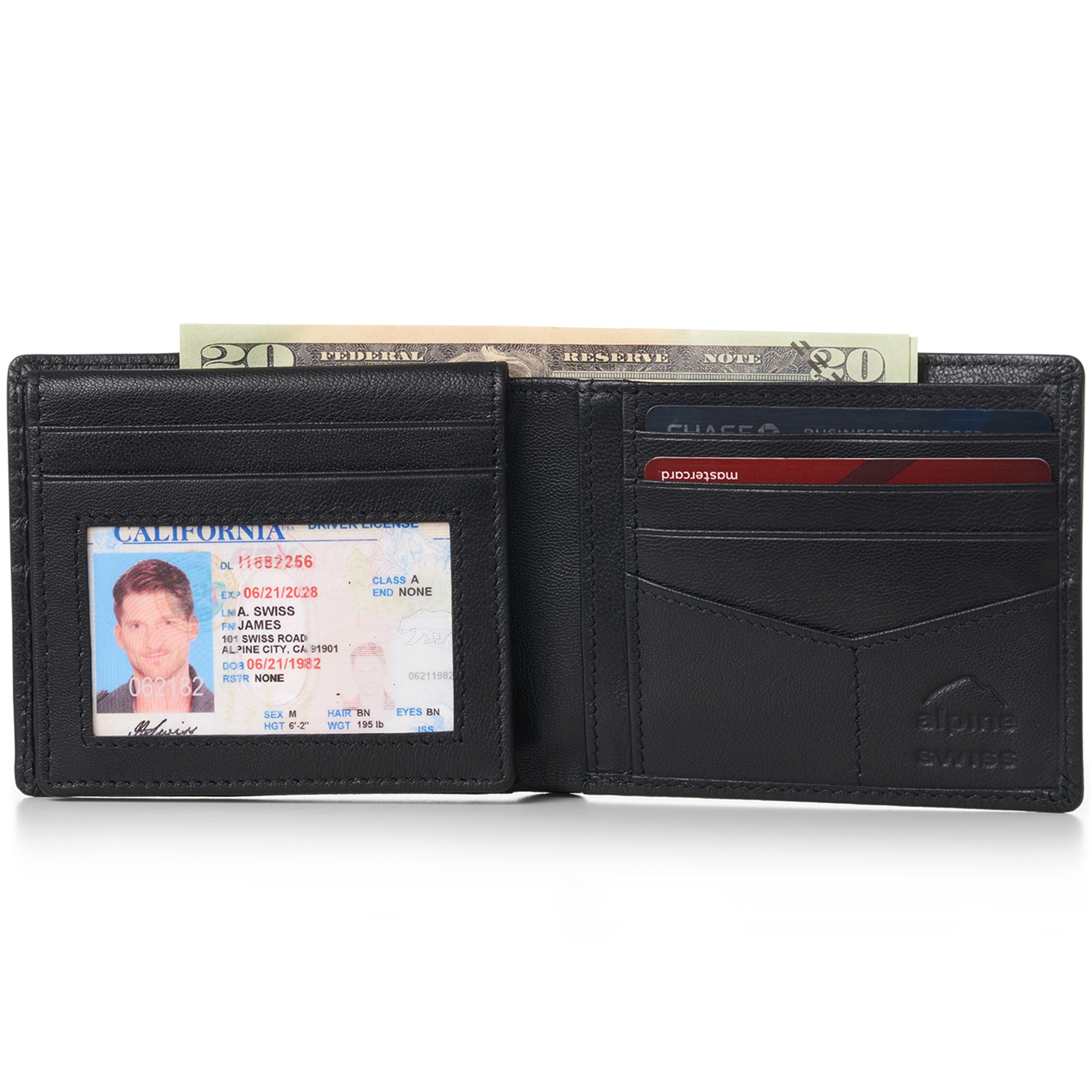 Alpine Swiss RFID Mens Wallet Deluxe Capacity Passcase Bifold Two Bill Sections - image 3 of 3
