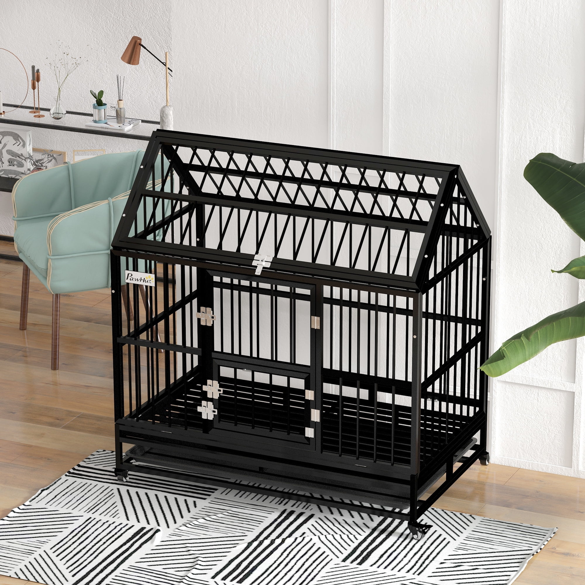 PawHut 49" Steel House Dog Crate with Wheels, Black