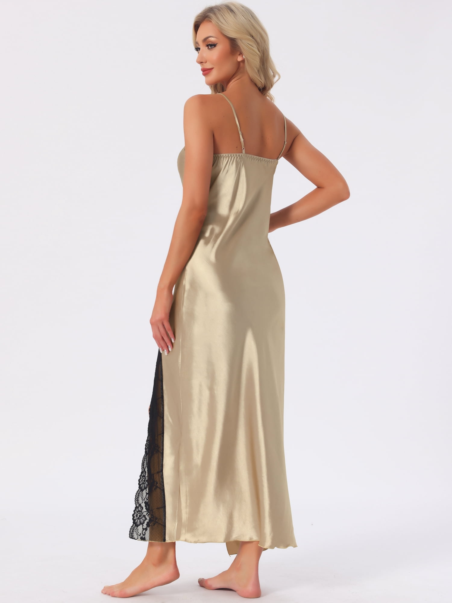 DARING DIVA Women's Long Satin Lace Slit Slip Lingerie V Neck Silky Chemise XL Champagne