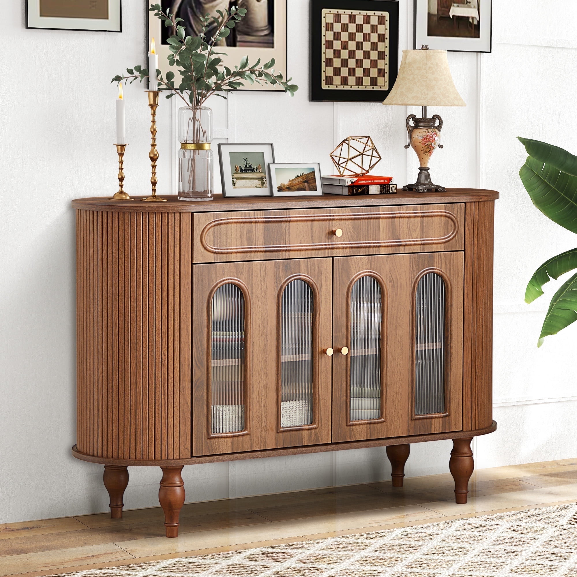 Wirrytor 47'' Wooden Oval Sideboard Buffet Cabinet with 2 Hollow Doors 2 Open Shelves, Console Dining Cabinet with Doors, Kitchen Cabinets Brown for Dining Room Living Room Hallway,Walnut