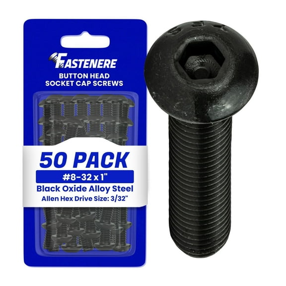 Fastenere Button Head Socket Cap Screws - 8-32 x 1" (50-Pcs) Alloy Steel, Fully Threaded, Fine Black Oxide Finish, Corrosion-Resistant, Machine Thread, Easy to Install w/ Allen Hex Drive
