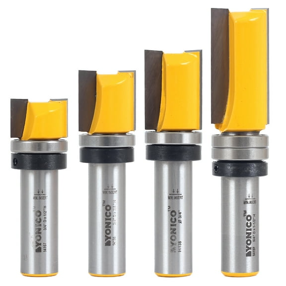 4 Bit 3/4" Diameter Flush Trim Template Router Bit Set - 1/2" Shank - Yonico 14426