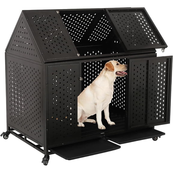 44 inch Heavy Duty Indestructible and Escape-Proof Dog Crate Cage for Large Giant Dogs, Steel Double Door Indoor High Anxiety Pet Kennel with Trays and Wheels, Extra Large XL XXL