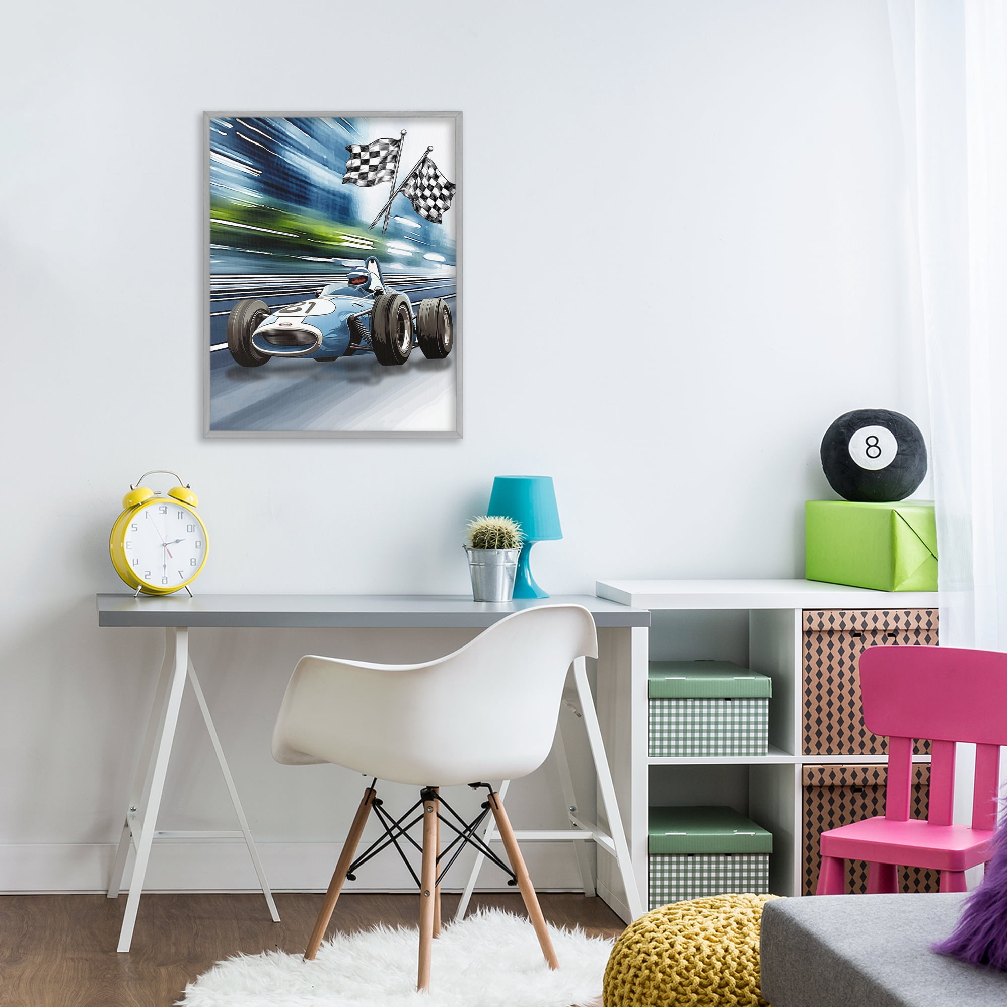Stupell Industries Speedy Racecar with Flags Gray Framed Giclee Art, design by Christine Simpson Art