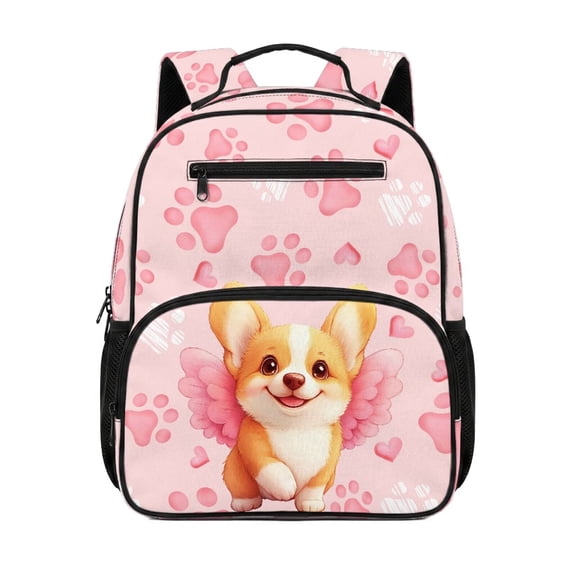 HUIACONG Pink Angel Corgi Print Kids Backpack for Girls Age 3-9, 13.5 Inch Water Resistant School Bookbag, Lightweight Adjustable Padded Straps Multi Pocket Daypack for Travel Camping