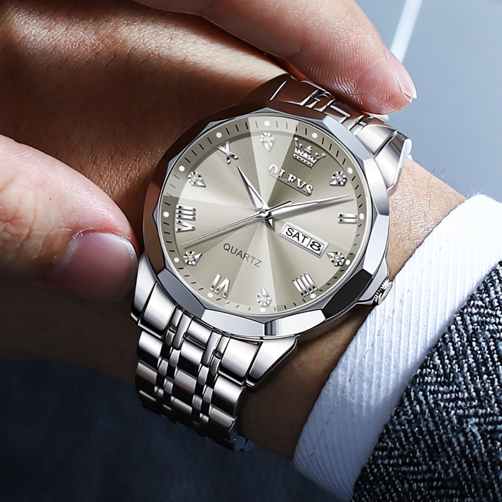 OLEVS Watch for Men Diamond Business Dress Analog Quartz Stainless Steel Waterproof Luminous Date Two Tone Luxury Casual Wrist Watch