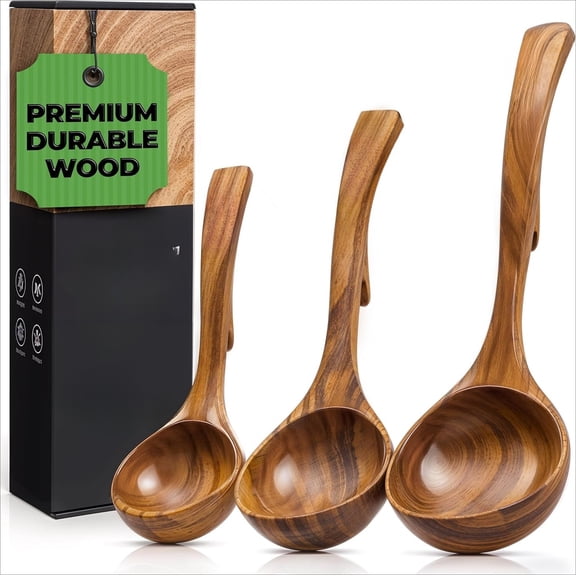 Wooden Ladle for Soup,  Teak Wood Ladle Spoon with Back Hooks for Pot & Bowl, Non-Stick Wooden Spoon Set for Cooking, Serving and Stirring