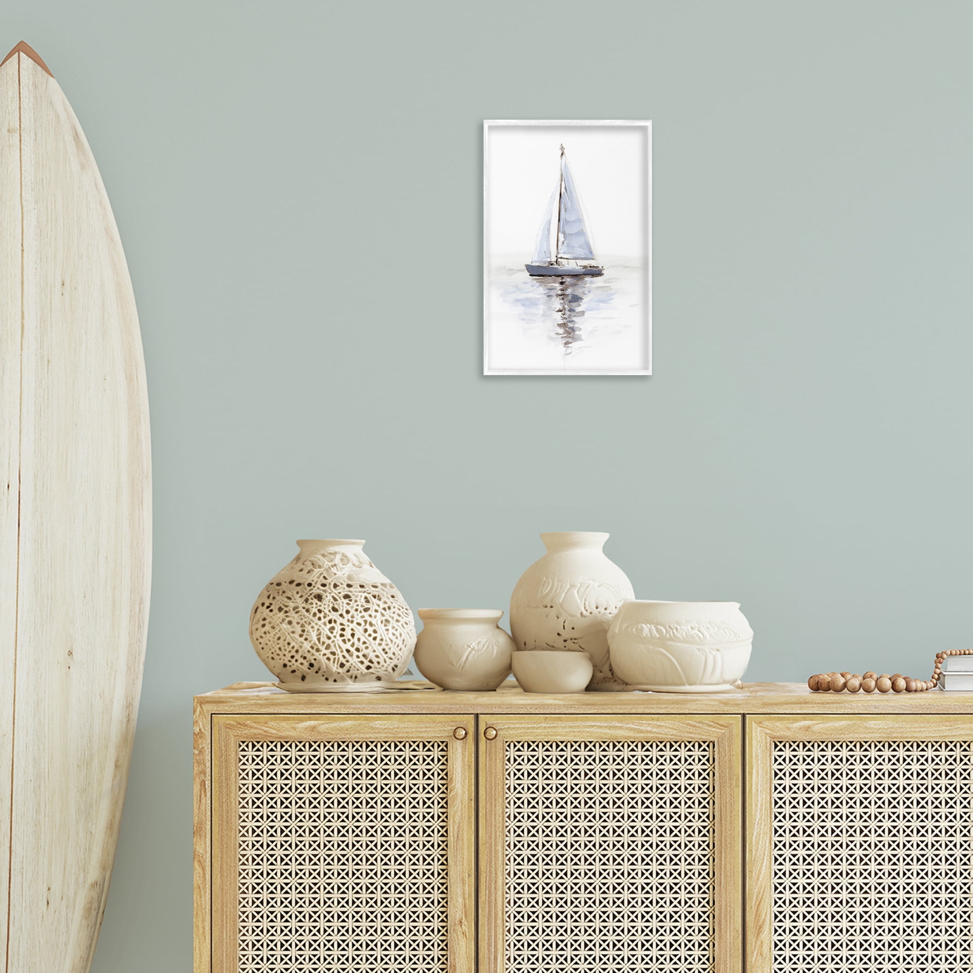 Stupell Industries Minimal Sailboat Reflection Transportation Painting White Framed Art Print Wall Art, 12 x 18