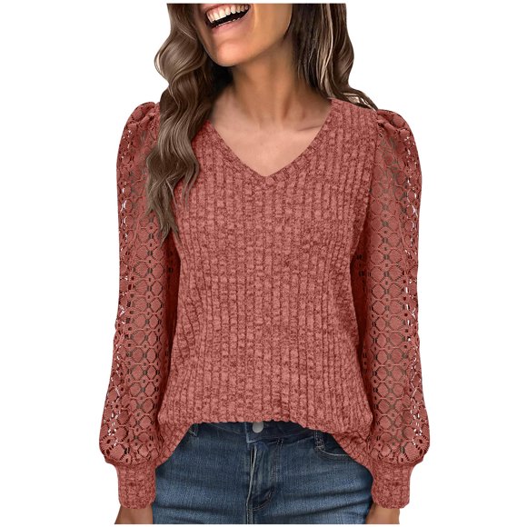 fheaev Long Sleeve Shirts for Women Lightweight Shirts 2025 Fall Fashion Clothing Trendy Tops V-Neck Knit Basic Tee Unic Dressy Casual Sweater