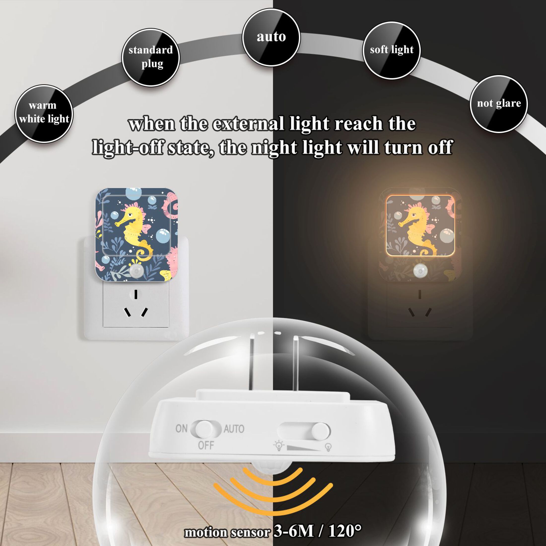 Seahorse Bubble Night Lights Plug into Wall LED with Auto Light Sensor Warm Light for Kids Hallway Bedroom Living Room Kitchen Bathroom Set of 2
