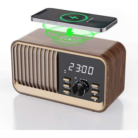 Alarm Clock Radio with Fast Wireless Charging,Support Bluetooth 5.3/FM Radio/USB Port/TF Card/Aux in,8W Stereo Sound Speaker,Snooze,Hands-Free Calling,Dimmable Clock Radios for Bedroom