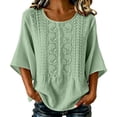 thumbnail image 2 of thefmos Women Summer Boho Linen Tops 3/4 Sleeve Round Neck Embroidery Casual Loose Pullover Blouses Solid Fall Fashion Tunic, Green M, 2 of 9