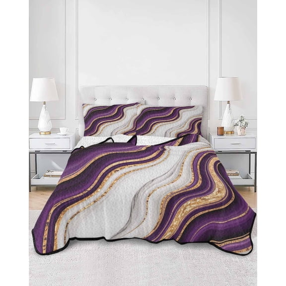 Quilts King Size, Purple Modern Soft Comforter Bedding Set for Bed, Classic Abstract Art Luxury Golden Lightweight Quilted Bedspread with Pillow Cover(2 Pieces) for All Season, 96x106 Inch