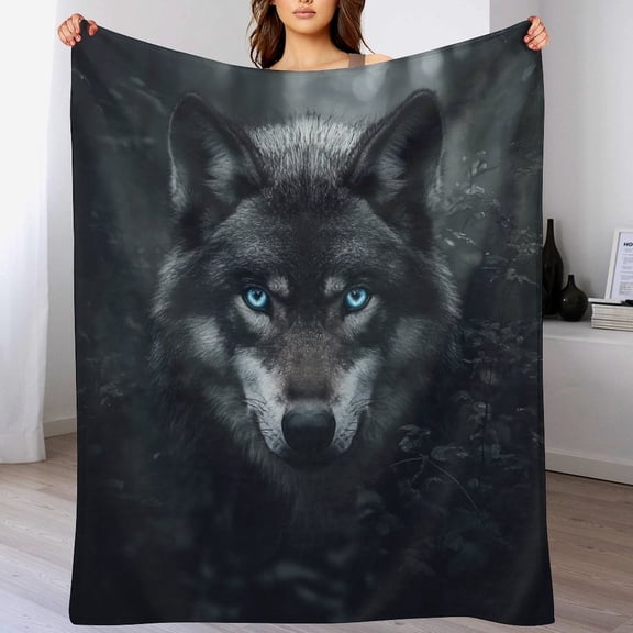 Wolf with Blue Eyes Throw Blanket for Couch Bed Sofa 50"x60" Wolf Animals Art Soft Fuzzy Cozy Warm Winter Throw Blanket Gift for Kids Family And Friends Flannel Throw Blanket