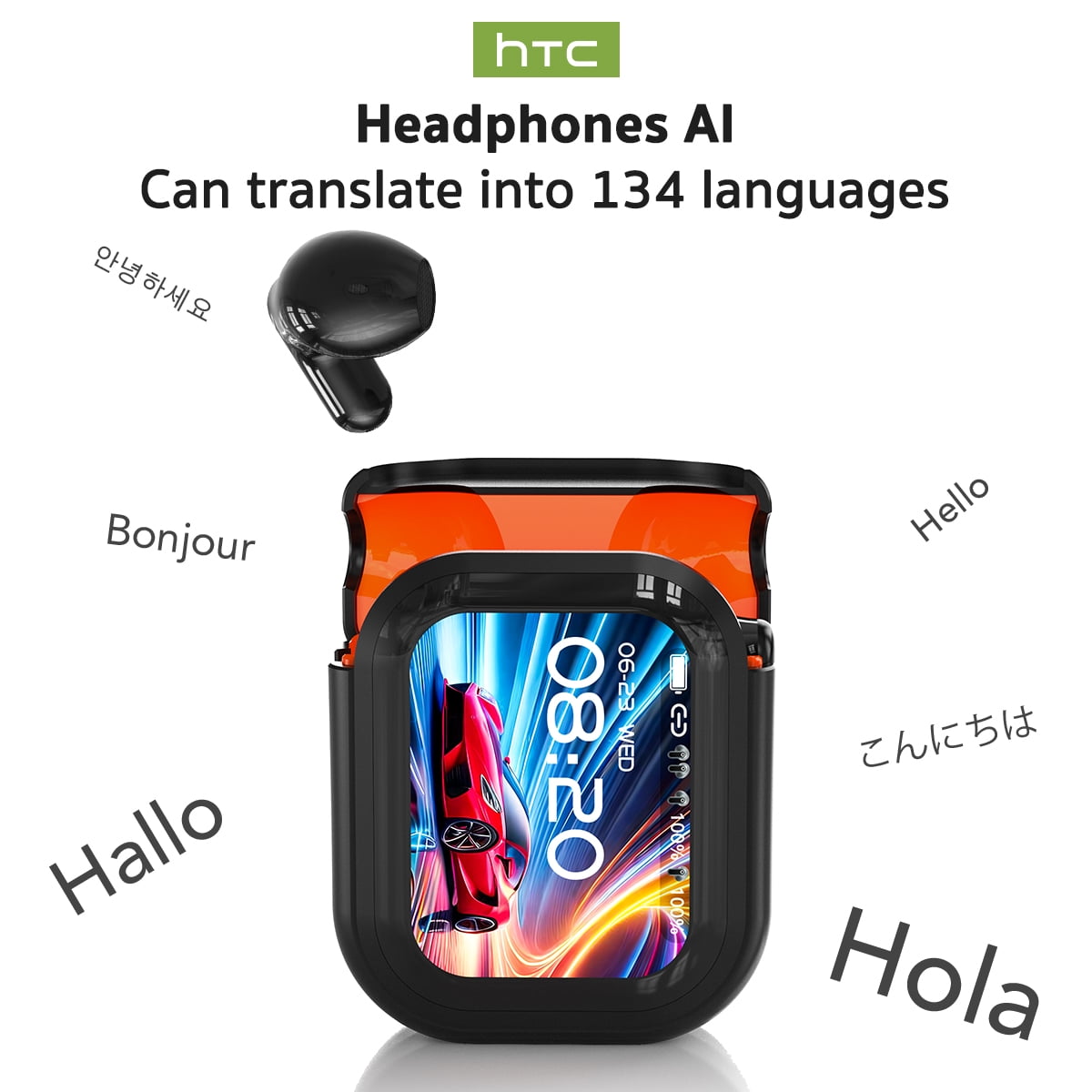 HTC NE20 Translation Bluetooth Earbuds with LED Touchscree in-Ear Earphones for Sports HD Stereo Sound Waterproof IPX4