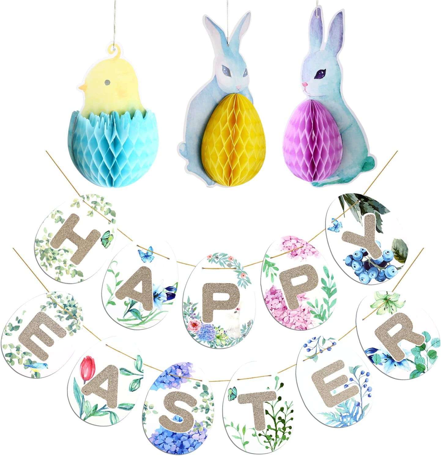 Happy Easter Banners Easter Bunny Rabbit Paper Bunting Hanging Garland for Easter Party Decorations Home Easter Decoration