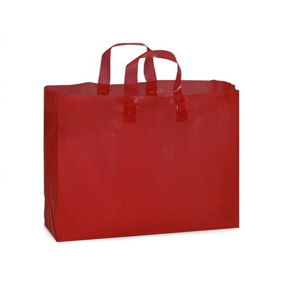 Pack Of 100, Vogue Size 16 x 5 x 12" Solid Red Reusable 3 Mil Plastic Shopping Bags W/6 Mil Soft Loop Handle