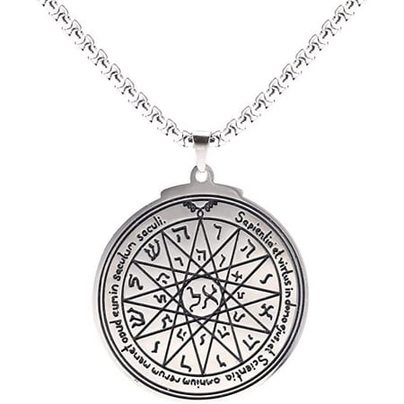 TEAMER Stainless Steel Fourth Pentacle of Mercury Pendant Necklace Key of Solomon Seal Round Charm Wide Chain Talisman Jewelry for Men