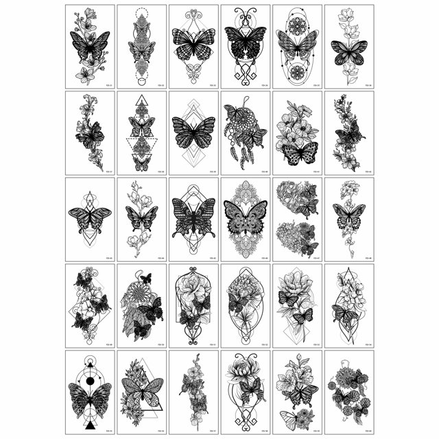 Pegatina de tatuaje temporal con diseño de flor y dibujo de mariposa con sentido avanzado, color blanco y negro, para cubrir cicatrices y rosas