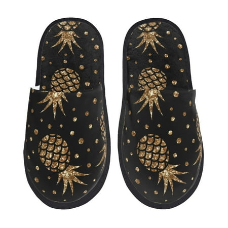 

Honeii Gold Glitter Pineapples print Slippers Memory Foam House Bedroom Slippers for Women and Men Fuzzy Plush Comfy Faux Fur Lined Slide Shoes-Medium