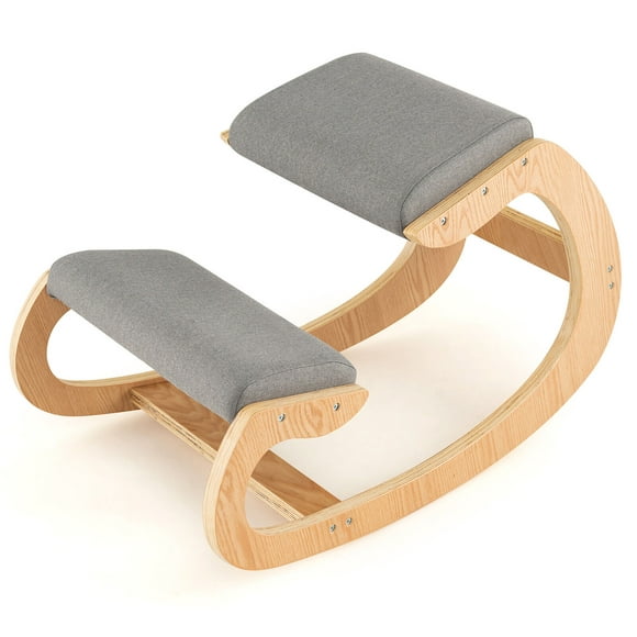 Gymax Ergonomic Kneeling Chair Wood Rocking Posture Stool w/ Cushion Back Neck Grey