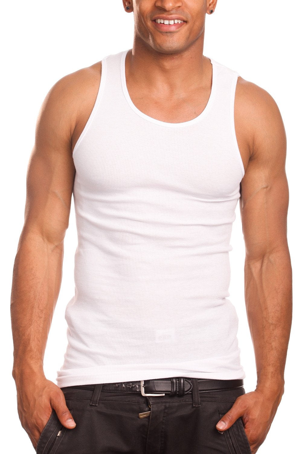 2 or 3 Pack of Men's 100% Cotton Slim Fit Vest Fitted Gym Top Singlet in White 
