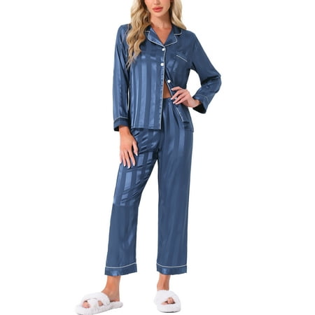 DARING DIVA Women s Satin Stripe Button Down Pajama Sets S Blue