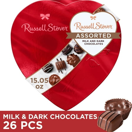 Russell Stover Valentine's Day Red Foil Heart Assorted Milk & Dark Chocolate Candy Gift Box, 15.05 oz.