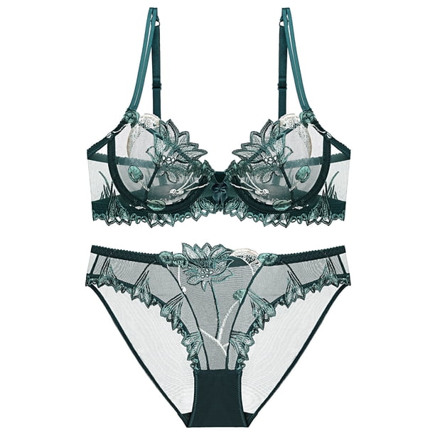 Conjunto de sujetador transparente con bordado de lencería súper sexy de Europa y Estados Unidos para mujer, pechos grandes, talla pequeña